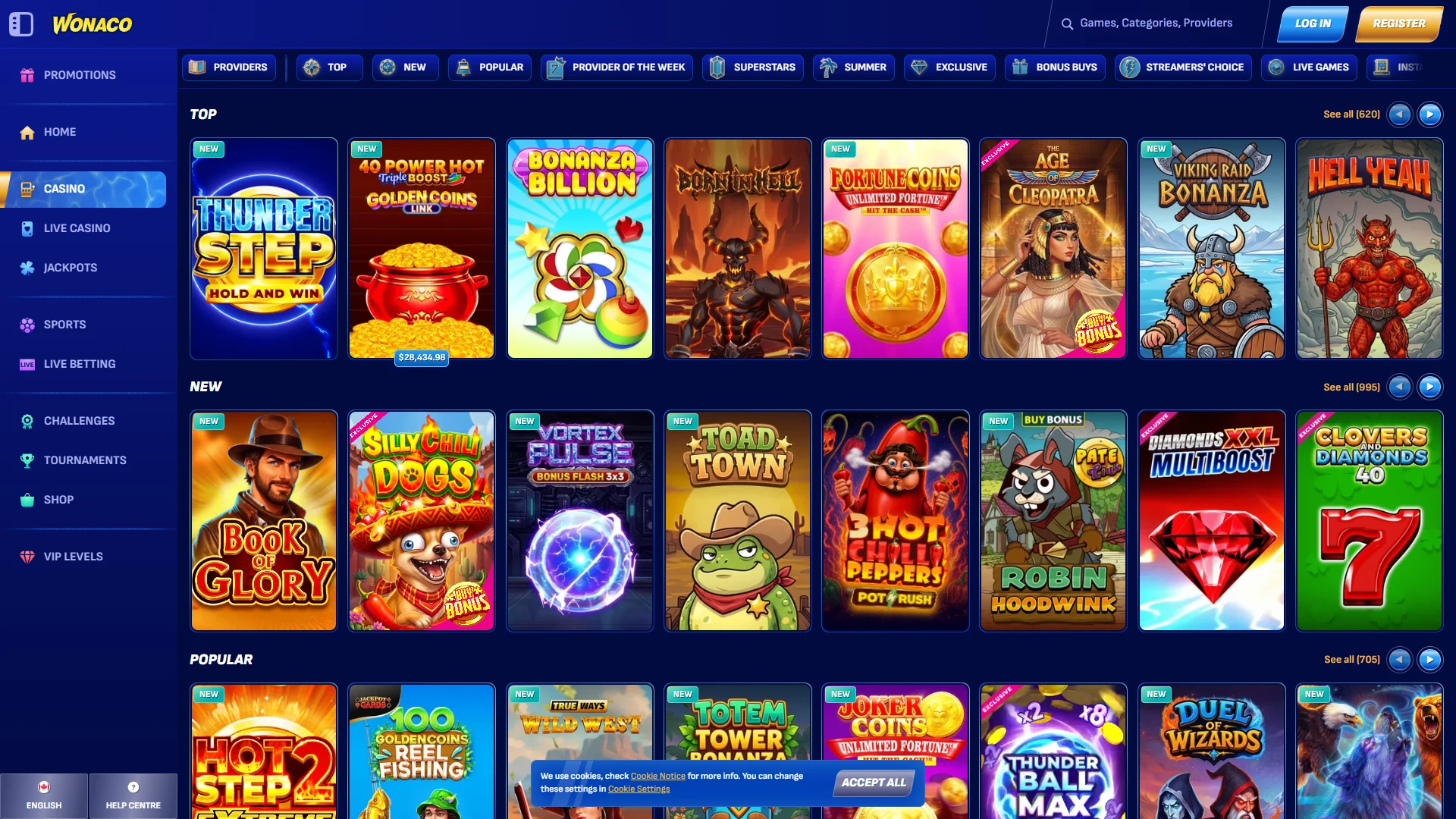 Wonaco slots and live games